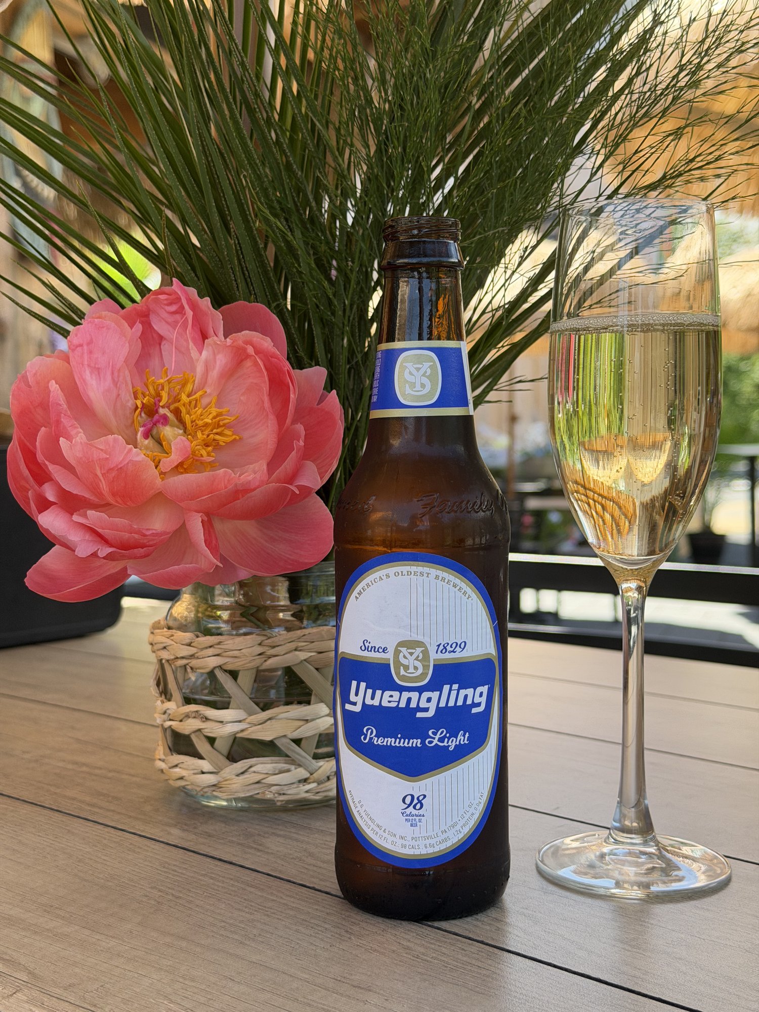 Yuengling bottle and elegant glass on the Coney Island patio
